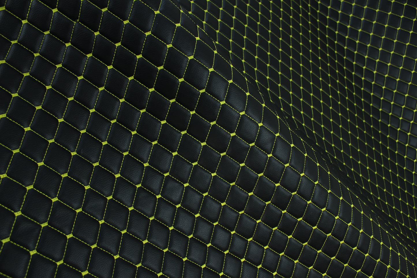 Black Yellow Quilted Vinyl Faux Leather Car Upholstery Fabric | 2"x2" 5x5cm Diamond Stitch with 5mm Foam | 140cm Wide | Automotive