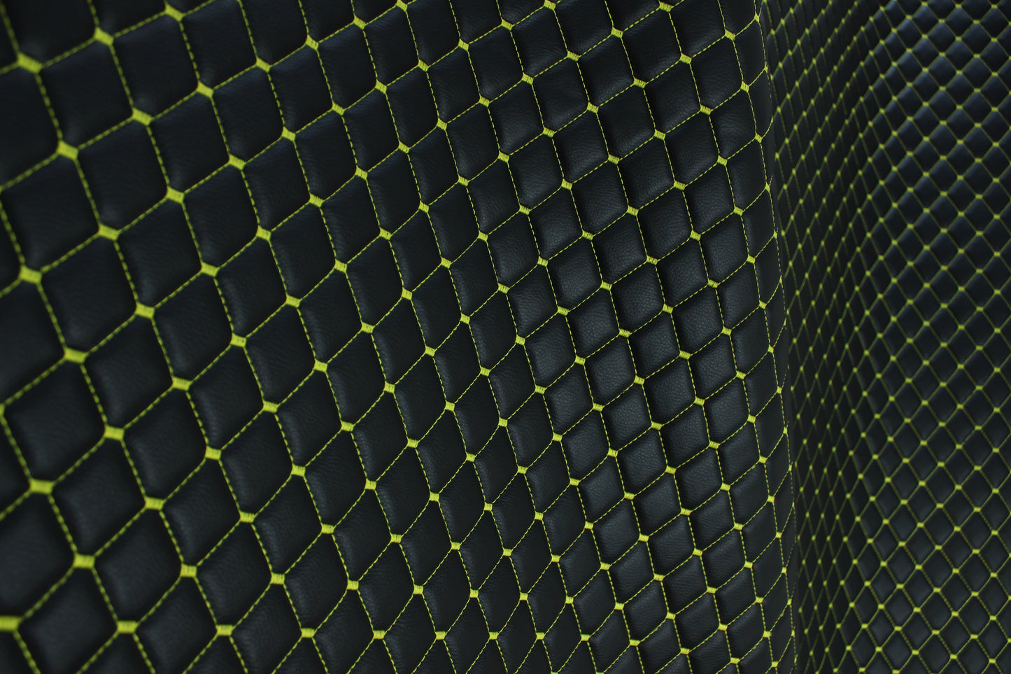 Black Yellow Quilted Vinyl Faux Leather Car Upholstery Fabric | 2"x2" 5x5cm Diamond Stitch with 5mm Foam | 140cm Wide | Automotive