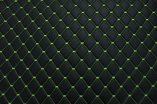 Black Light Green Quilted Vinyl Faux Leather Car Upholstery Fabric | 2"x2" 5x5cm Diamond Stitch with 5mm Foam | 140cm Wide | Automotive