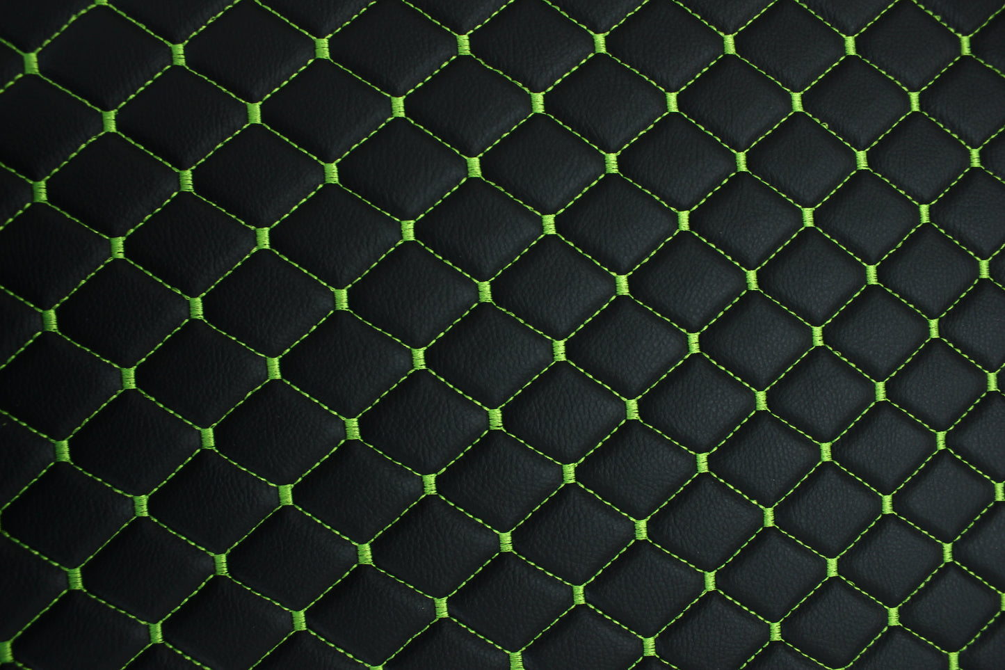 Black Light Green Quilted Vinyl Faux Leather Car Upholstery Fabric | 2"x2" 5x5cm Diamond Stitch with 5mm Foam | 140cm Wide | Automotive