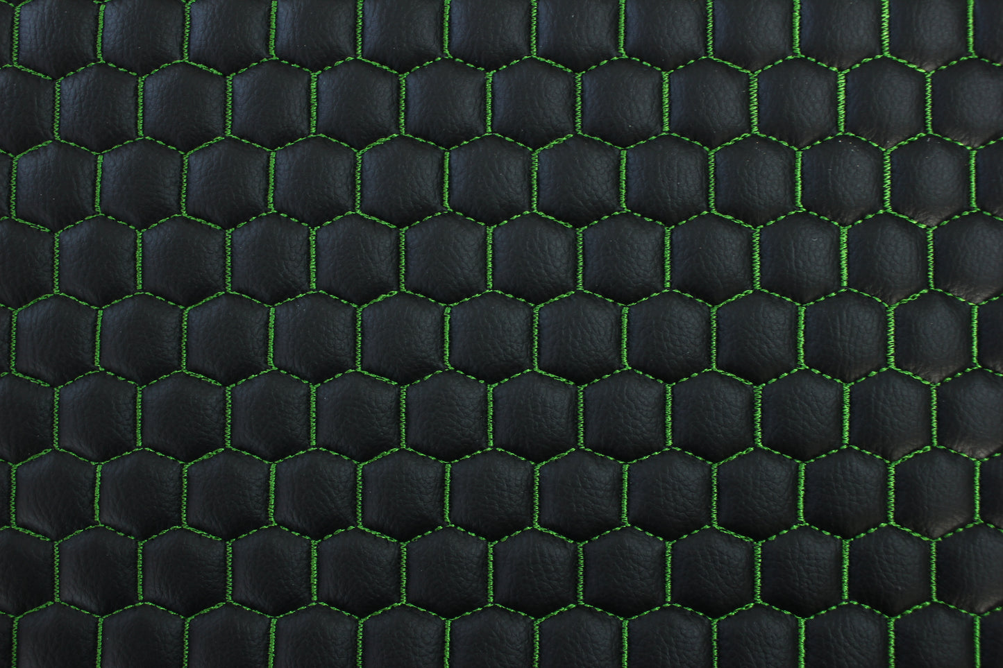 Green Quilted Black Vinyl Faux Leather Car Upholstery Fabric | 2" x 5cm Honeycomb Pattern Stitch with 5mm Foam Backing | 140cm Wide | Automotive