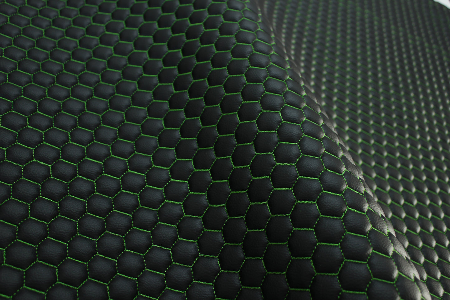 Green Quilted Black Vinyl Faux Leather Car Upholstery Fabric | 2" x 5cm Honeycomb Pattern Stitch with 5mm Foam Backing | 140cm Wide | Automotive