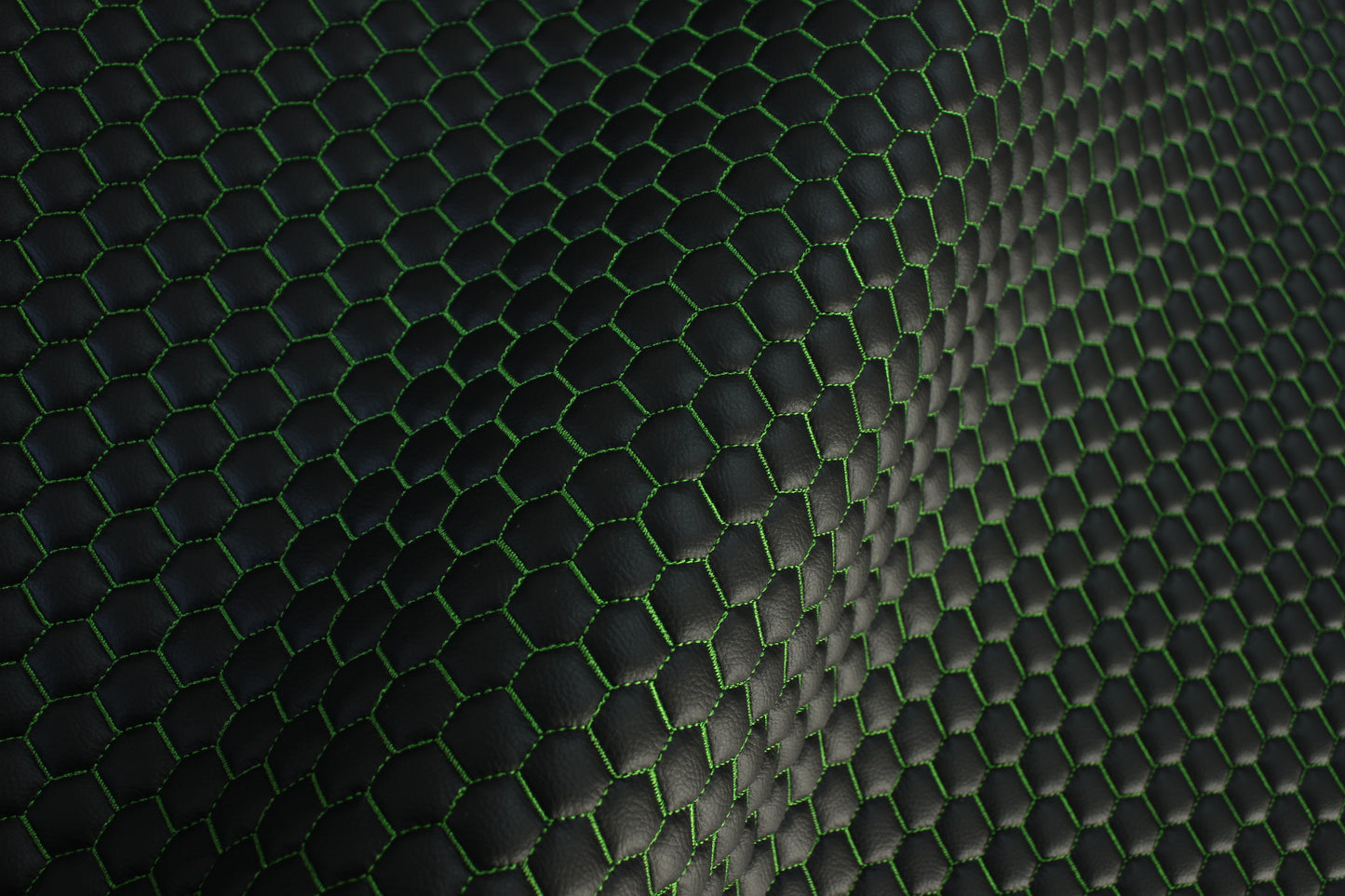 Green Quilted Black Vinyl Faux Leather Car Upholstery Fabric | 2" x 5cm Honeycomb Pattern Stitch with 5mm Foam Backing | 140cm Wide | Automotive