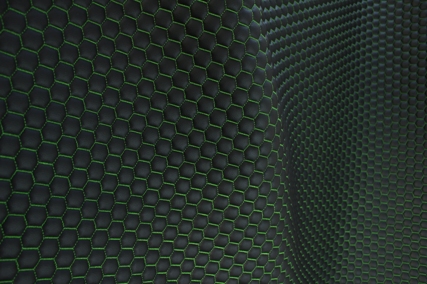 Green Quilted Black Vinyl Faux Leather Car Upholstery Fabric | 2" x 5cm Honeycomb Pattern Stitch with 5mm Foam Backing | 140cm Wide | Automotive