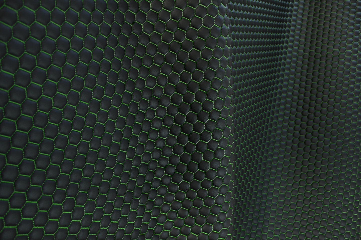 Green Quilted Black Vinyl Faux Leather Car Upholstery Fabric | 2" x 5cm Honeycomb Pattern Stitch with 5mm Foam Backing | 140cm Wide | Automotive