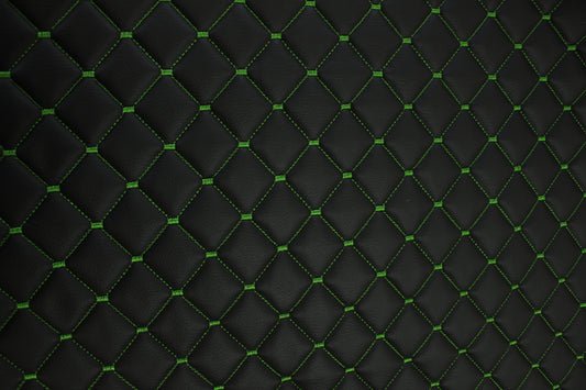 Black Dark Green Quilted Vinyl Faux Leather Car Upholstery Fabric | 2"x2" 5x5cm Diamond Stitch with 5mm Foam | 140cm Wide | Automotive