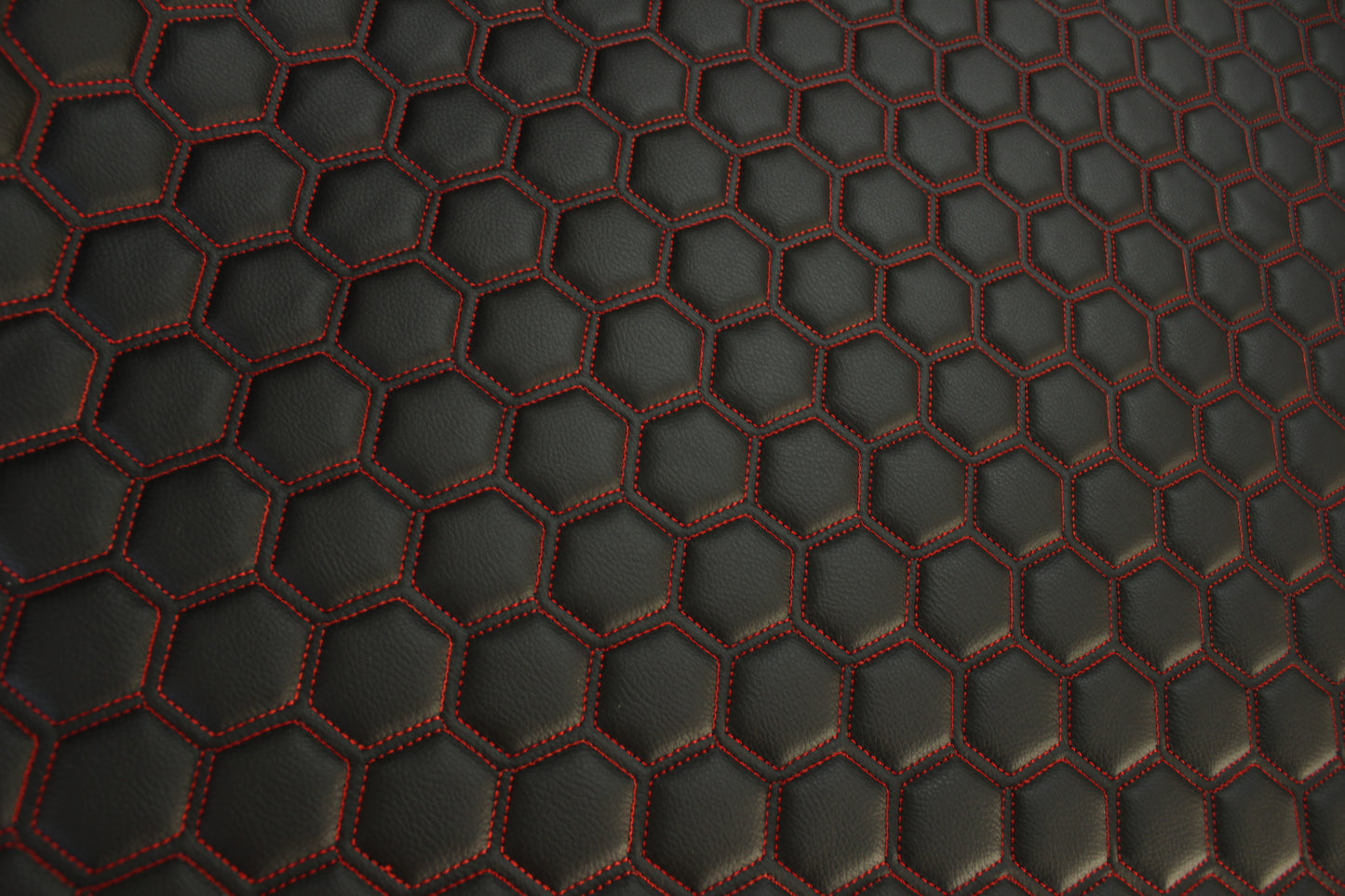 Red Quilted Black Vinyl Faux Leather Car Upholstery Fabric | 2" x 5cm Hexagon Pattern Stitch with 5mm Foam Backing | 140cm Wide | Automotive