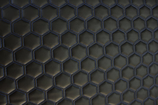Blue Quilted Black Vinyl Faux Leather Car Upholstery Fabric | 2" x 5cm Hexagon Pattern Stitch with 5mm Foam Backing | 140cm Wide | Automotive