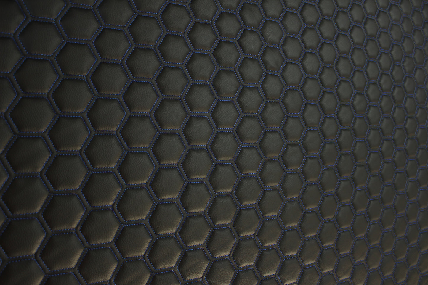 Blue Quilted Black Vinyl Faux Leather Car Upholstery Fabric | 2" x 5cm Hexagon Pattern Stitch with 5mm Foam Backing | 140cm Wide | Automotive