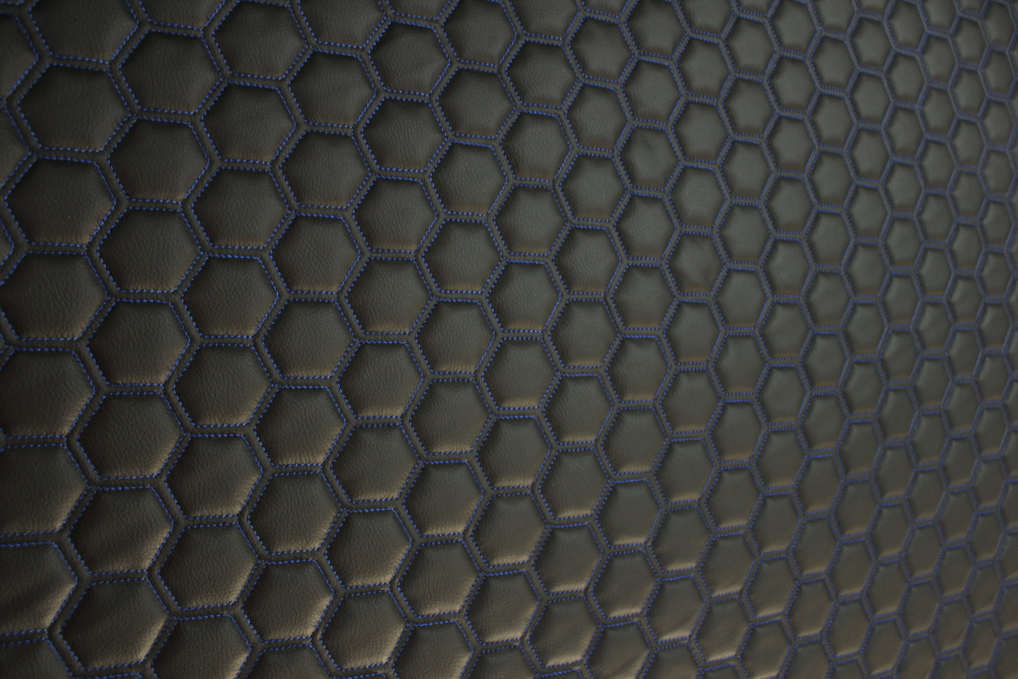Blue Quilted Black Vinyl Faux Leather Car Upholstery Fabric | 2" x 5cm Hexagon Pattern Stitch with 5mm Foam Backing | 140cm Wide | Automotive