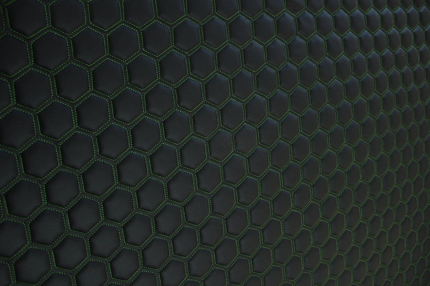 Green Quilted Black Vinyl Faux Leather Car Upholstery Fabric | 2" x 5cm Hexagon Pattern Stitch with 5mm Foam Backing | 140cm Wide | Automotive