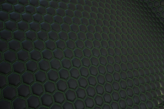 Green Quilted Black Vinyl Faux Leather Car Upholstery Fabric | 2" x 5cm Hexagon Pattern Stitch with 5mm Foam Backing | 140cm Wide | Automotive