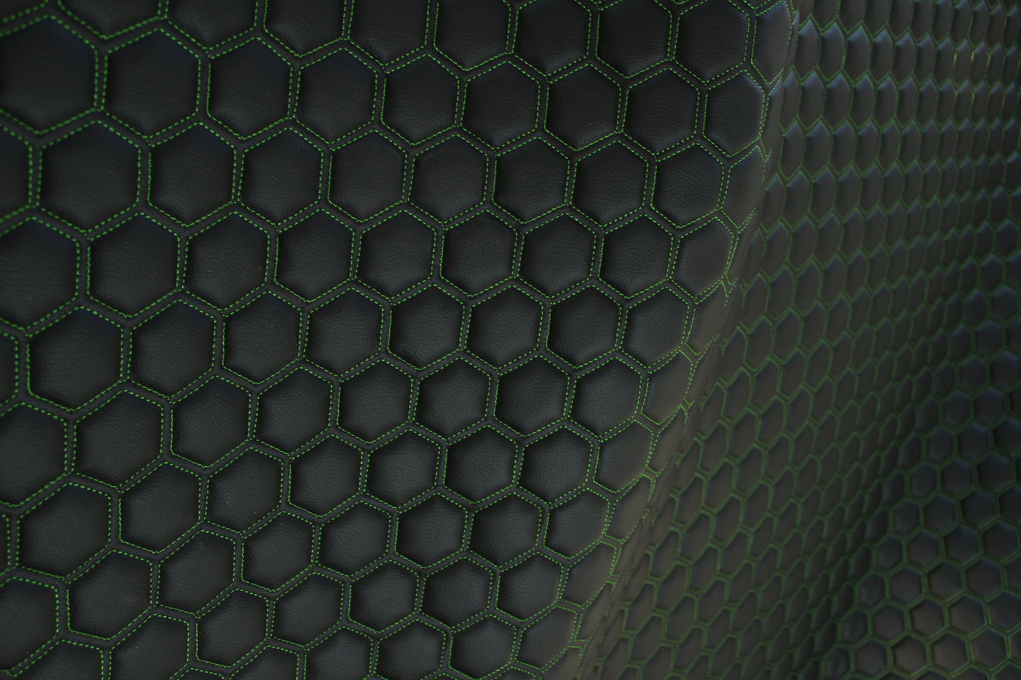 Green Quilted Black Vinyl Faux Leather Car Upholstery Fabric | 2" x 5cm Hexagon Pattern Stitch with 5mm Foam Backing | 140cm Wide | Automotive