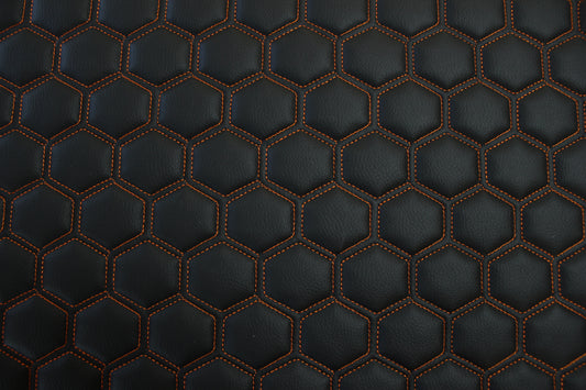 Orange Quilted Black Vinyl Faux Leather Car Upholstery Fabric | 2" x 5cm Hexagon Pattern Stitch with 5mm Foam Backing | 140cm Wide | Automotive