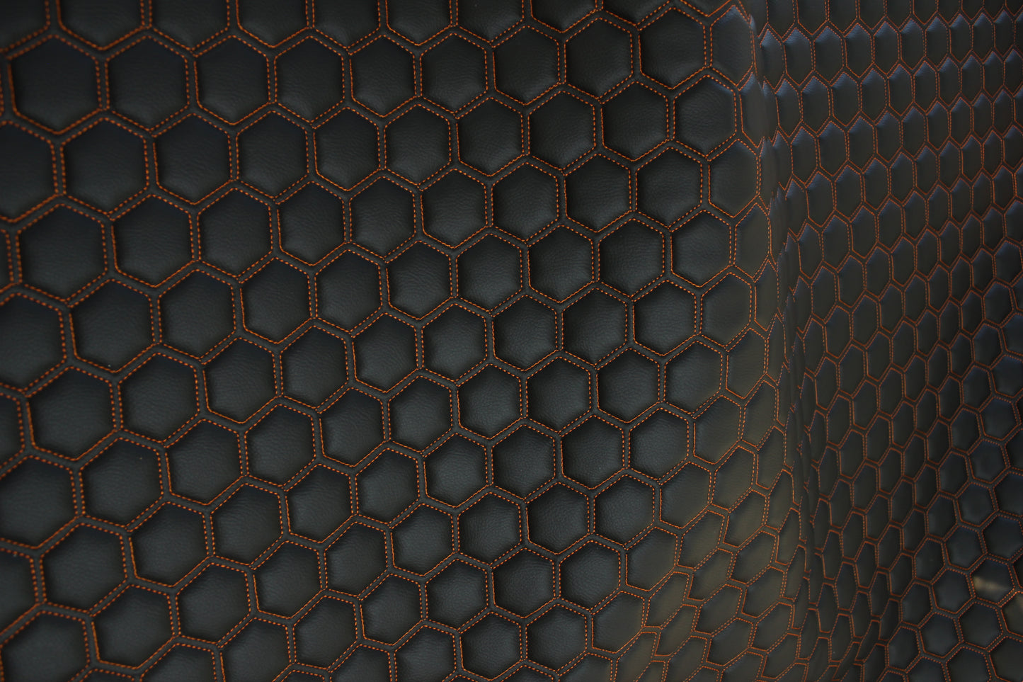 Orange Quilted Black Vinyl Faux Leather Car Upholstery Fabric | 2" x 5cm Hexagon Pattern Stitch with 5mm Foam Backing | 140cm Wide | Automotive