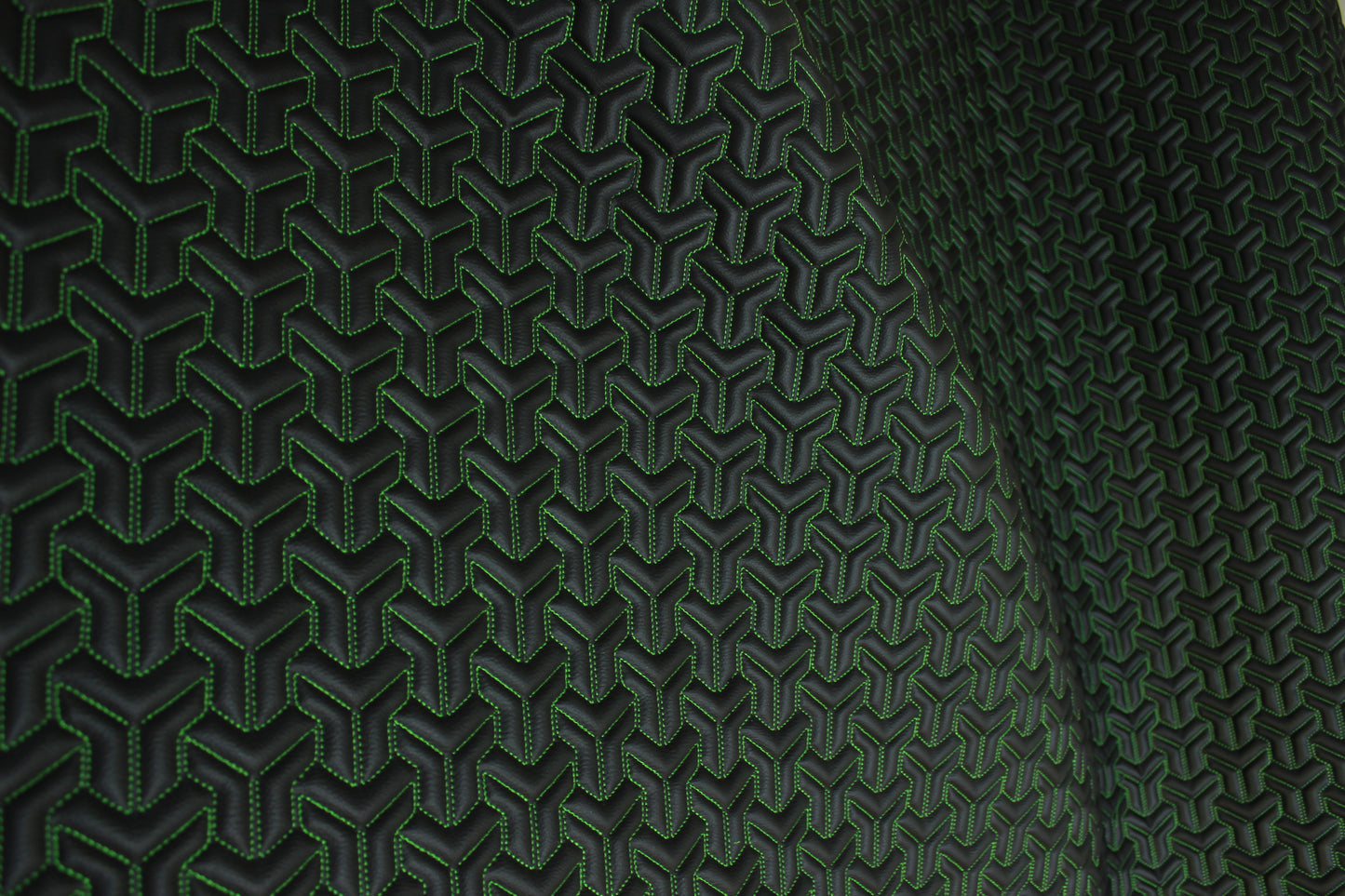 Trio Triangle Green Quilted Faux Leather Upholstery Fabric | Foam Backing | Automotive, Marine, Furniture | 140cm (55.1") Wide Mercedes - BMW - VW