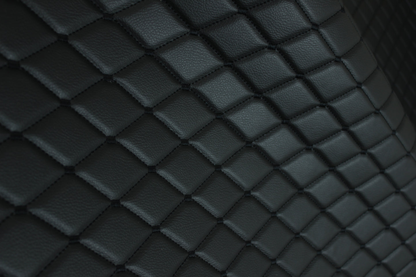 Black Quilted Black Vinyl Grain Faux Leather Car Upholstery Fabric | 2"x3" - 5x8cm Big Diamond Stitch with Foam | 140cm & 55.1" Wide | Artificial Leather