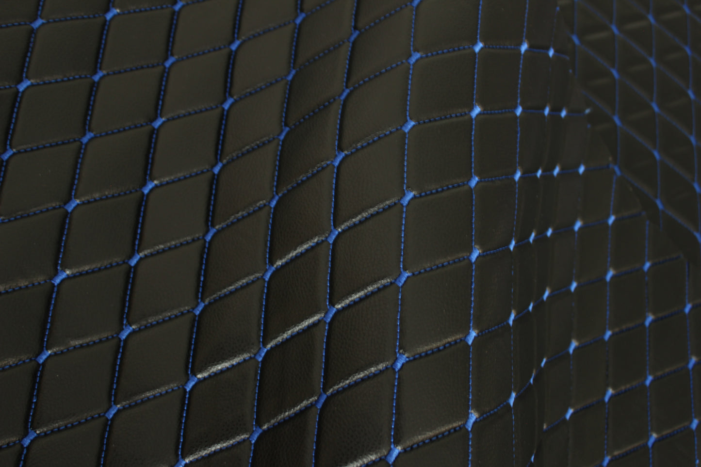 Blue Quilted Black Vinyl Grain Faux Leather Car Upholstery Fabric | 2"x3" - 5x8cm Diamond Stitch with Foam | 140cm & 55.1" Wide | Artificial Leather