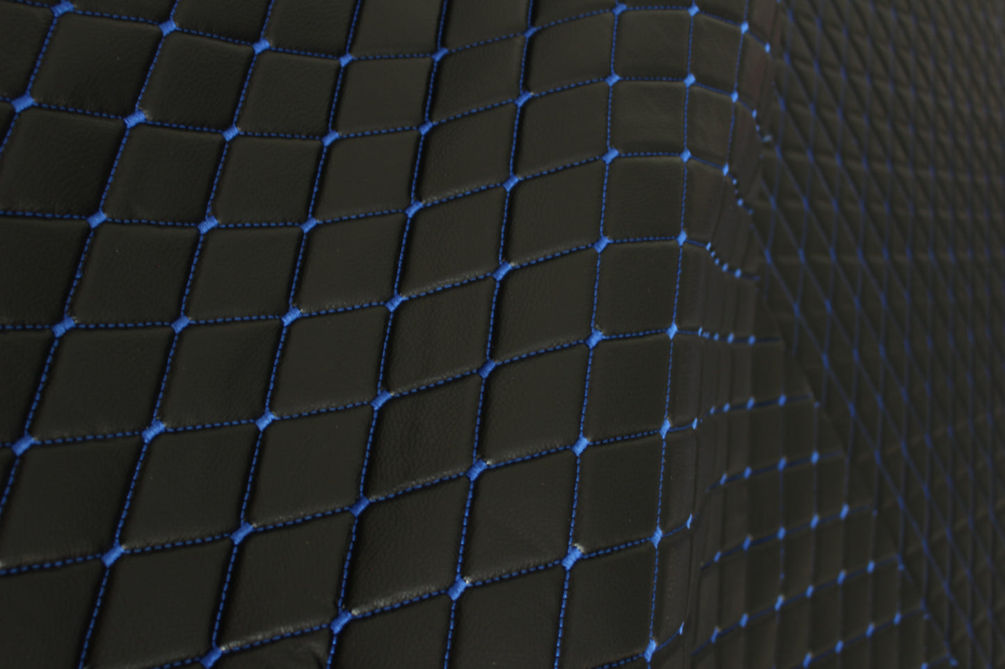 Blue Quilted Black Vinyl Grain Faux Leather Car Upholstery Fabric | 2"x3" - 5x8cm Diamond Stitch with Foam | 140cm & 55.1" Wide | Artificial Leather