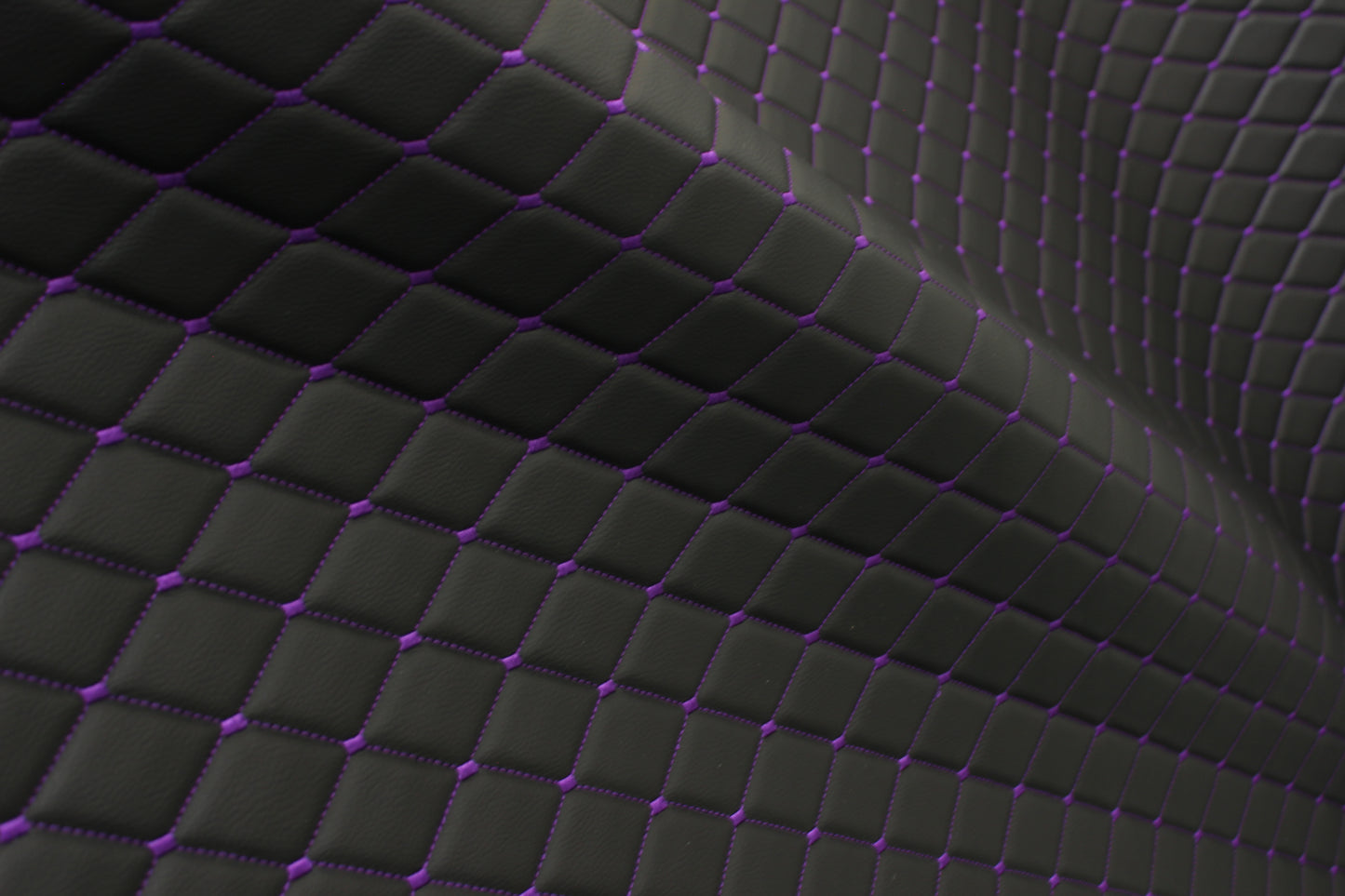 Purple Quilted Black Vinyl Grain Faux Leather Car Upholstery Fabric | 2"x3" - 5x8cm Diamond Stitch with Foam | 140cm & 55.1" Wide | Artificial Leather