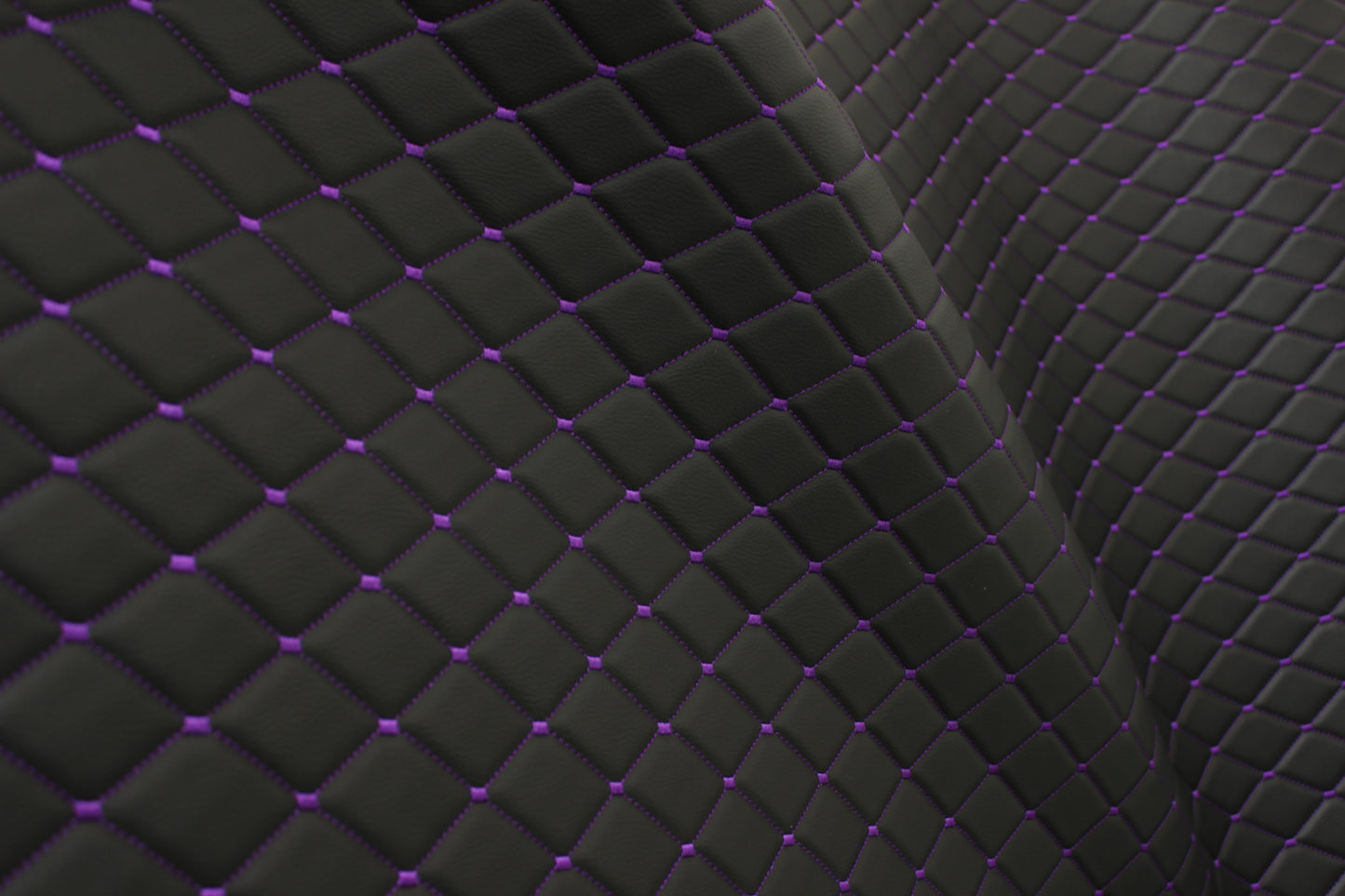 Purple Quilted Black Vinyl Grain Faux Leather Car Upholstery Fabric | 2"x3" - 5x8cm Diamond Stitch with Foam | 140cm & 55.1" Wide | Artificial Leather