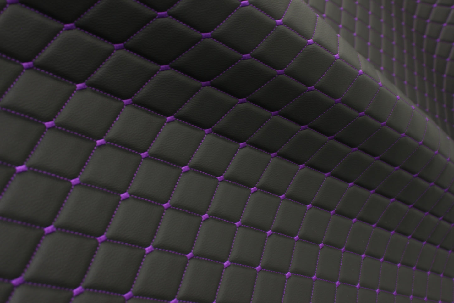 Purple Quilted Black Vinyl Grain Faux Leather Car Upholstery Fabric | 2"x3" - 5x8cm Diamond Stitch with Foam | 140cm & 55.1" Wide | Artificial Leather