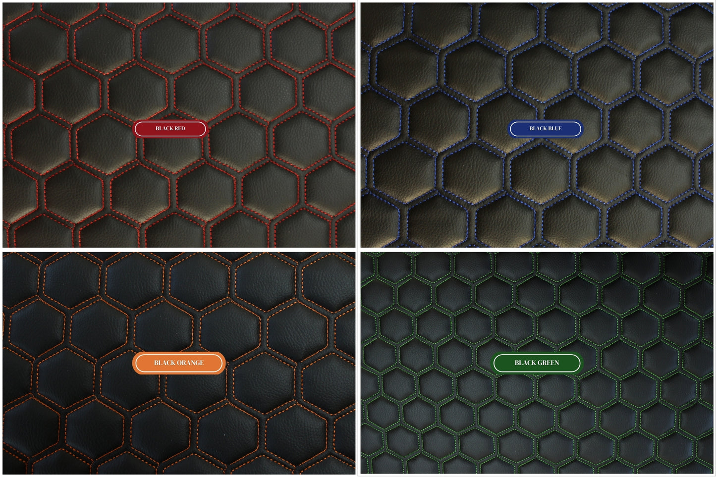 Orange Quilted Black Vinyl Faux Leather Car Upholstery Fabric | 2" x 5cm Hexagon Pattern Stitch with 5mm Foam Backing | 140cm Wide | Automotive