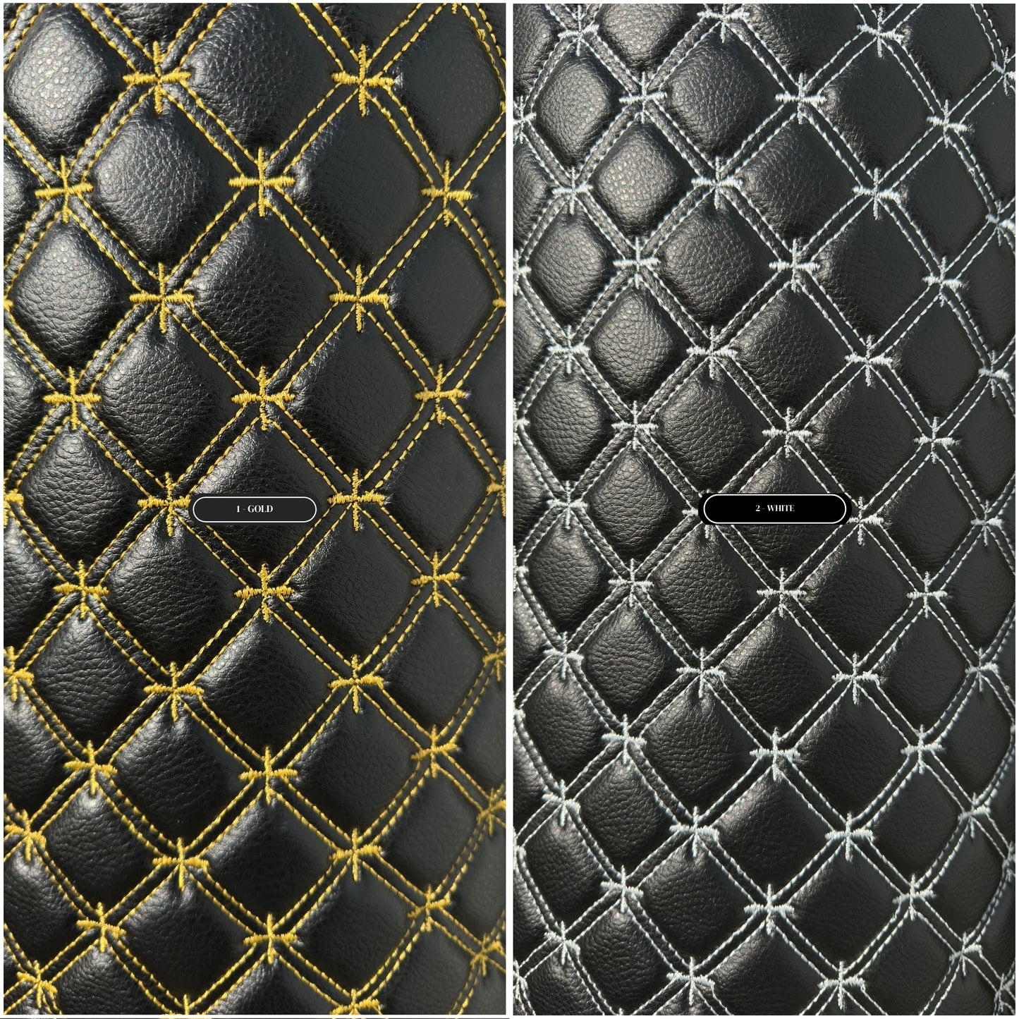 Gold Snowflake Cross Quilted Black Vinyl Faux Leather Car Upholstery Fabric | 2" x 5cm Stitch with 5mm Foam Backing | 140cm Wide | Automotive