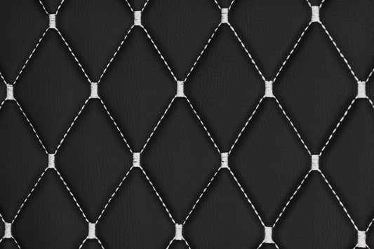 White Quilted Black Vinyl Grain Faux Leather Car Upholstery Fabric | 2"x3" - 5x8cm Big Diamond Stitch with Foam | 140cm & 55.1" Wide | Artificial Leather