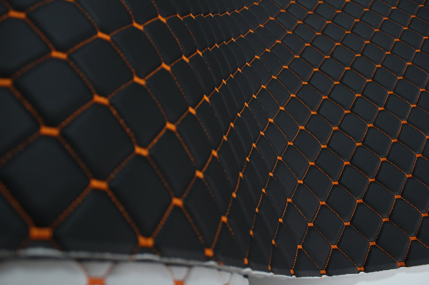 Black Orange Quilted Vinyl Faux Leather Car Upholstery Fabric | 2"x2" 5x5cm Diamond Stitch with 5mm Foam | 140cm Wide | Automotive