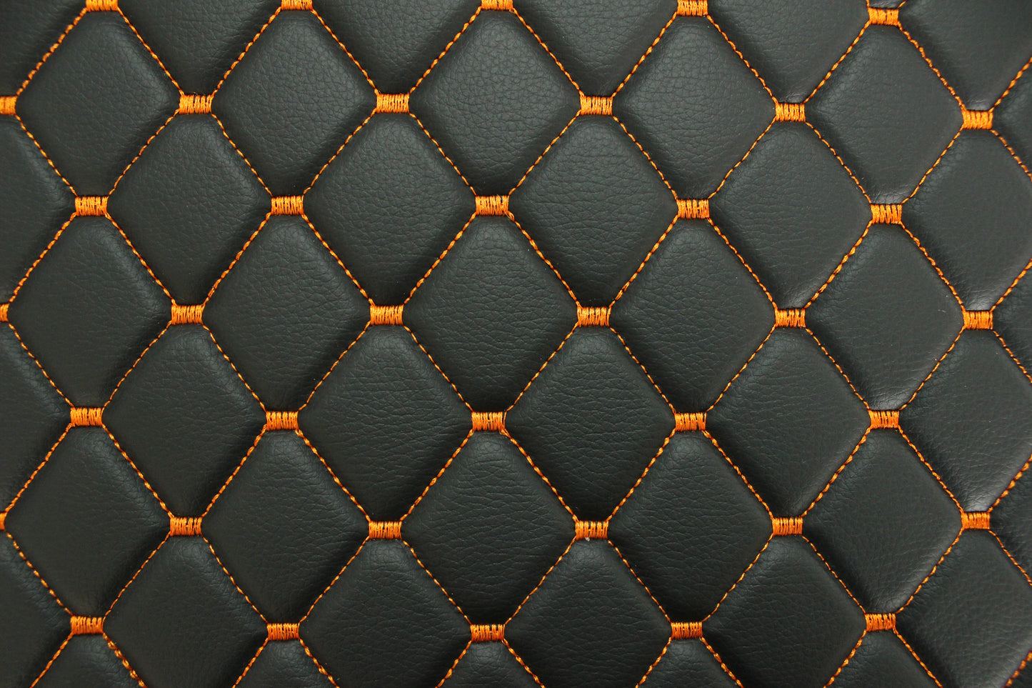 Black Orange Quilted Vinyl Faux Leather Car Upholstery Fabric | 2"x2" 5x5cm Diamond Stitch with 5mm Foam | 140cm Wide | Automotive