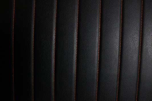 Black Quilted Orange Vinyl Faux Leather Car Upholstery Fabric | 2" x 5cm Pattern Line Stitch with 5mm Foam Backing | 140cm Wide | Automotive Projects