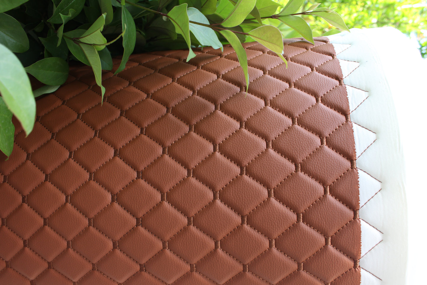 Tan Brown Quilted Tan Vinyl Faux Leather Car Upholstery Fabric | 2"x2" 5x5cm Diamond Stitch with 5mm Foam | 140cm Wide | Automotive Projects