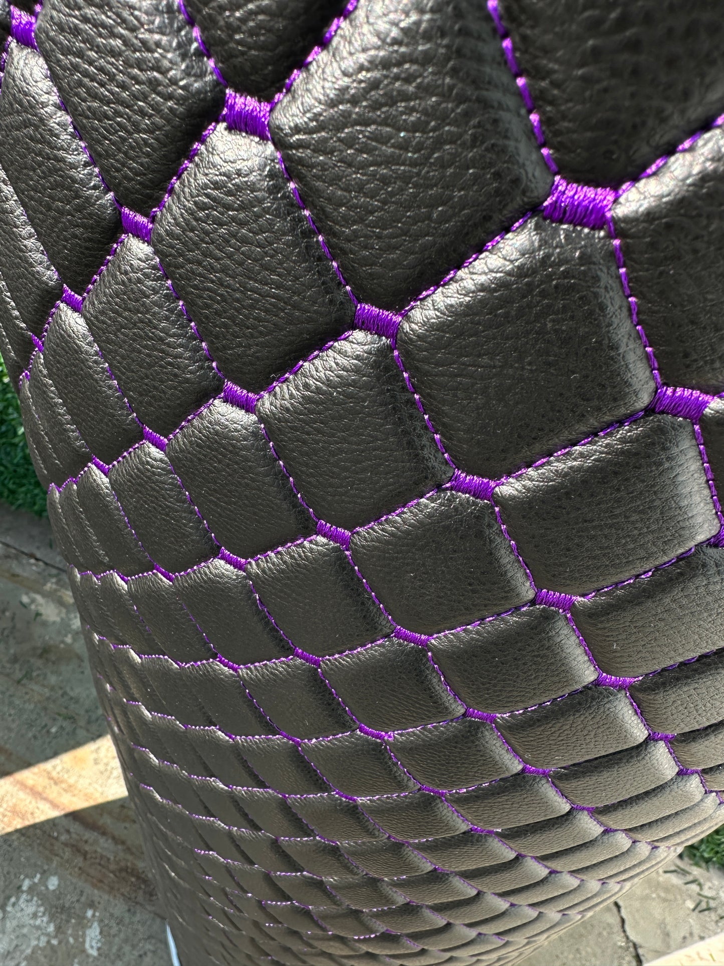 Black Purple Quilted Vinyl Faux Leather Car Upholstery Fabric | 2"x2" 5x5cm Diamond Stitch with 5mm Foam | 140cm Wide | Automotive Projects