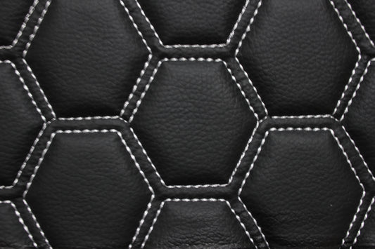 White Quilted Hexagon Black Vinyl Faux Leather Car Upholstery Fabric | 2" x 5cm Pattern Line Stitch with 5mm Foam Backing | 140cm Wide | Automotive
