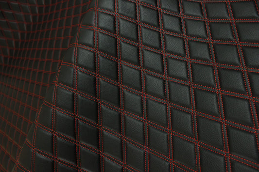 Double Red Quilted Vinyl Faux Leather Car Upholstery Fabric | 2"x3" 5x7.5cm Diamond Stitched 5mm Foam Backed 140cm Wide -55" Wide