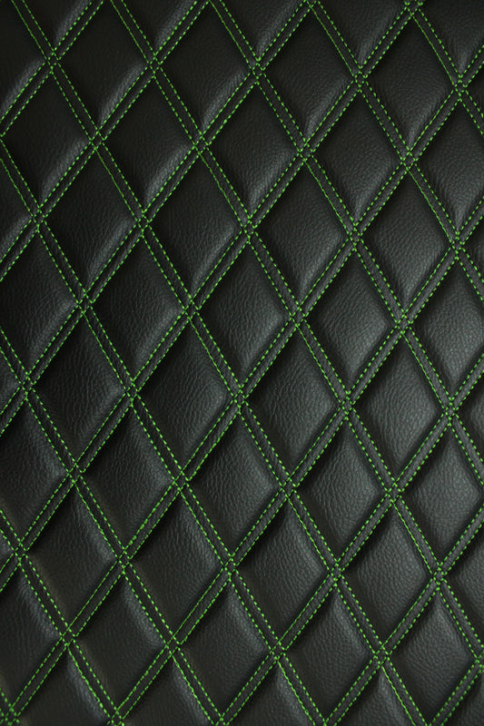 Double Green Quilted Vinyl Faux Leather Car Upholstery Fabric | 2"x3" 5x7.5cm Diamond Stitched 5mm Foam Backed 140cm Wide -55" Wide