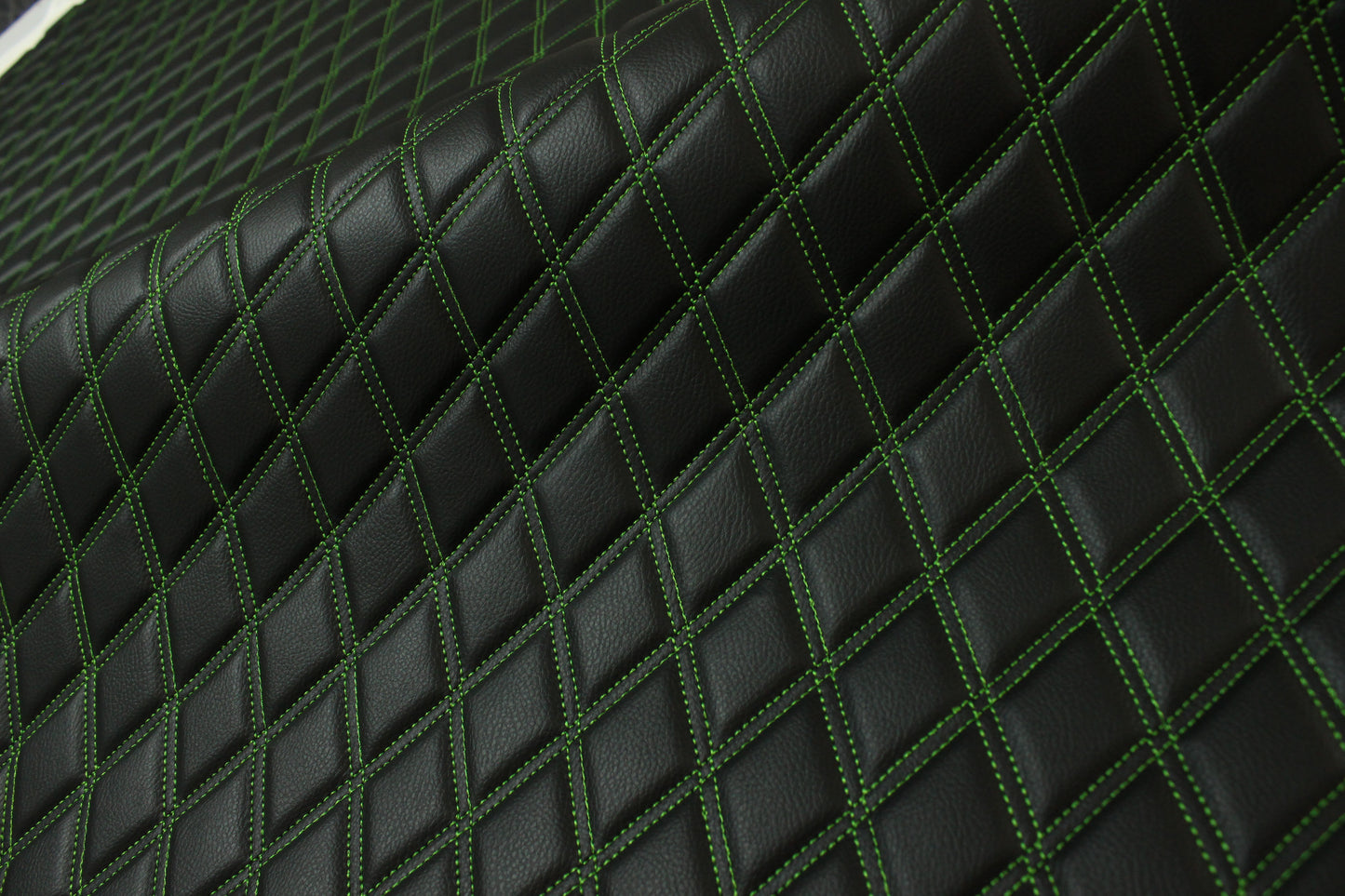 Double Green Quilted Vinyl Faux Leather Car Upholstery Fabric | 2"x3" 5x7.5cm Diamond Stitched 5mm Foam Backed 140cm Wide -55" Wide