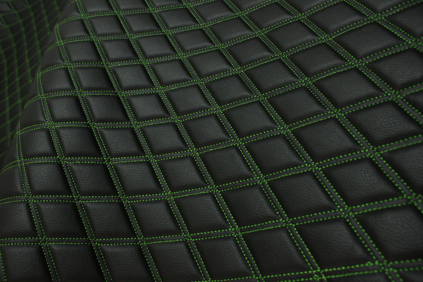 Double Green Quilted Vinyl Faux Leather Car Upholstery Fabric | 2"x3" 5x7.5cm Diamond Stitched 5mm Foam Backed 140cm Wide -55" Wide