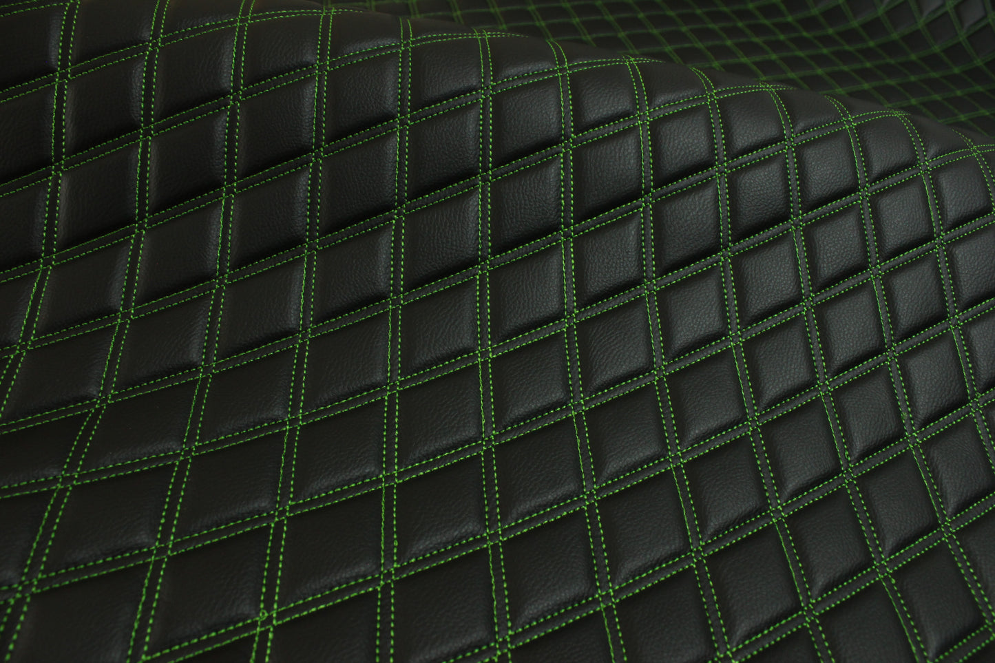 Double Green Quilted Vinyl Faux Leather Car Upholstery Fabric | 2"x3" 5x7.5cm Diamond Stitched 5mm Foam Backed 140cm Wide -55" Wide