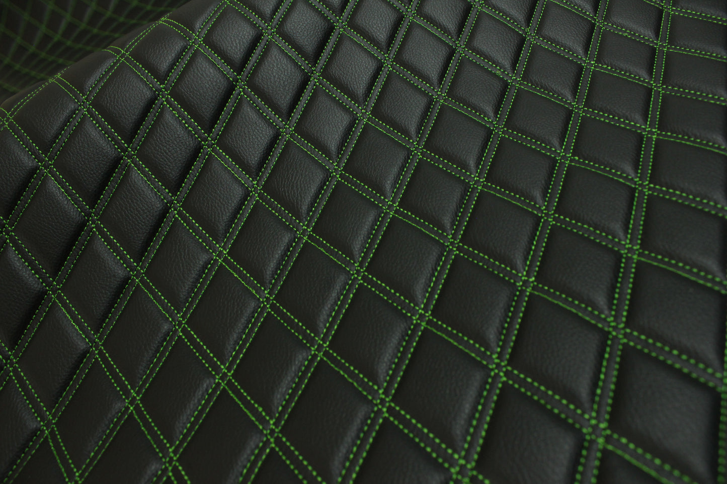 Double Green Quilted Vinyl Faux Leather Car Upholstery Fabric | 2"x3" 5x7.5cm Diamond Stitched 5mm Foam Backed 140cm Wide -55" Wide