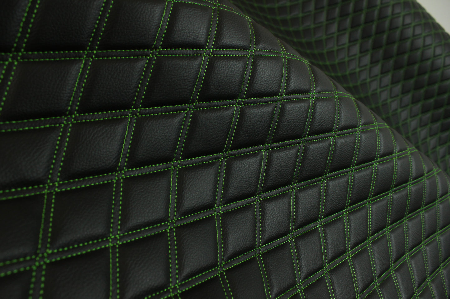 Double Green Quilted Vinyl Faux Leather Car Upholstery Fabric | 2"x3" 5x7.5cm Diamond Stitched 5mm Foam Backed 140cm Wide -55" Wide