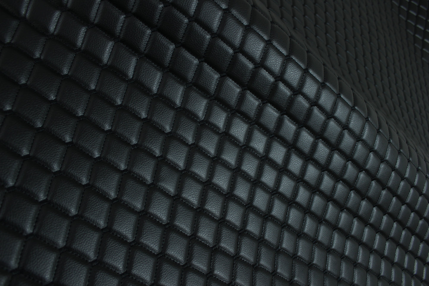 Black Quilted Black Vinyl Faux Leather Car Upholstery Fabric | 2"x2" 5x5cm Diamond Stitch with 5mm Foam Backing | 140cm Wide | Automotive Projects