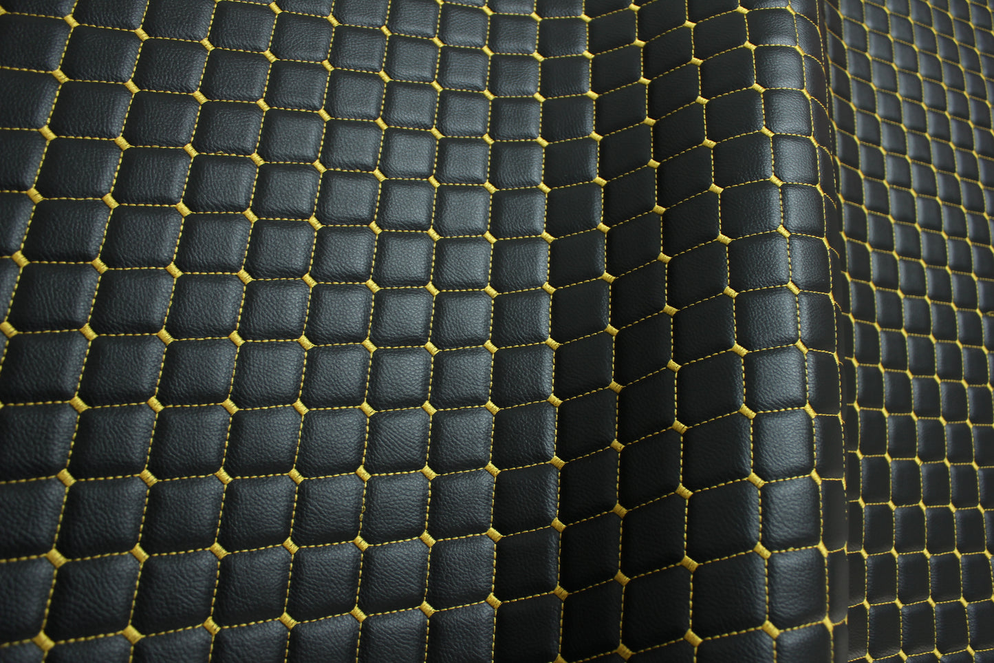 Black Gold Quilted Vinyl Faux Leather Car Upholstery Fabric | 2"x2" 5x5cm Diamond Stitch with 5mm Foam | 140cm Wide | Automotive Projects