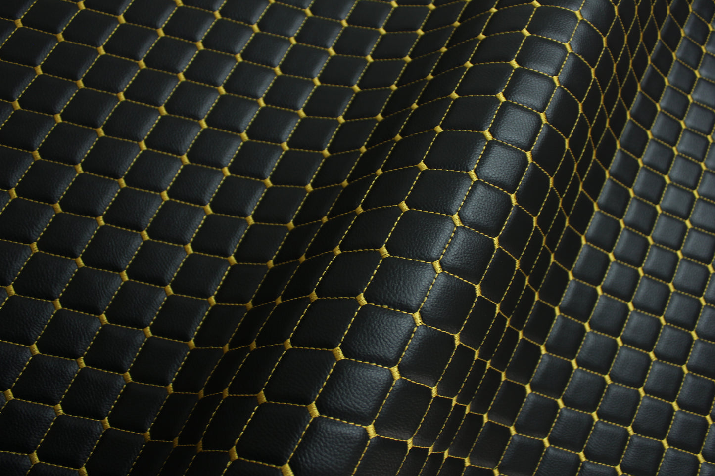 Black Gold Quilted Vinyl Faux Leather Car Upholstery Fabric | 2"x2" 5x5cm Diamond Stitch with 5mm Foam | 140cm Wide | Automotive Projects