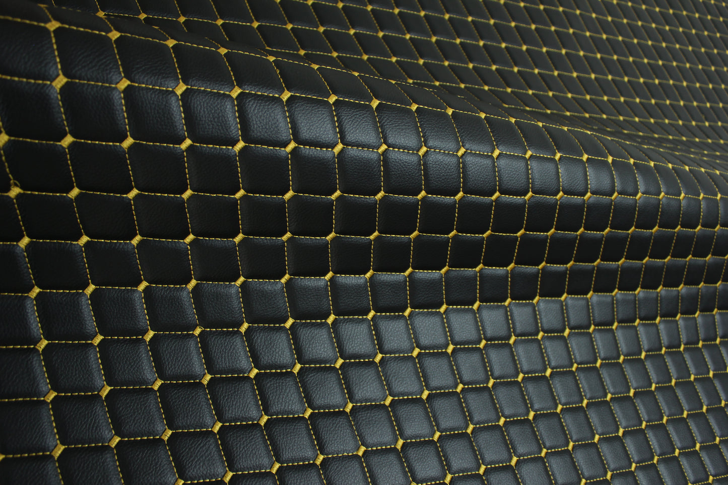 Black Gold Quilted Vinyl Faux Leather Car Upholstery Fabric | 2"x2" 5x5cm Diamond Stitch with 5mm Foam | 140cm Wide | Automotive Projects