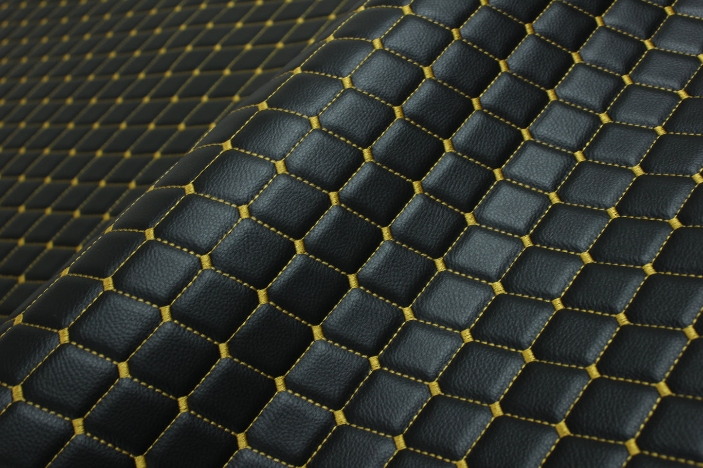 Black Gold Quilted Vinyl Faux Leather Car Upholstery Fabric | 2"x2" 5x5cm Diamond Stitch with 5mm Foam | 140cm Wide | Automotive Projects