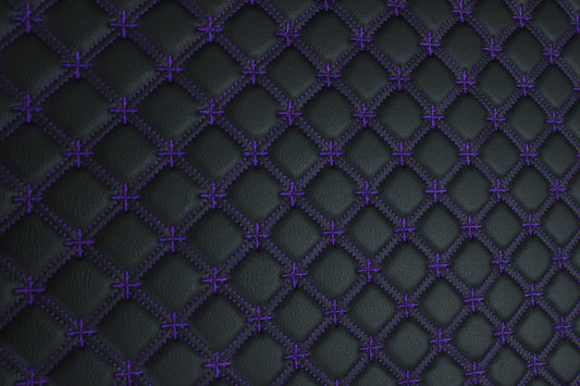 Purple Snowflake Cross Quilted Black Vinyl Faux Leather Car Upholstery Fabric | 2" x 5cm Stitch with 5mm Foam Backing | 140cm Wide | Automotive