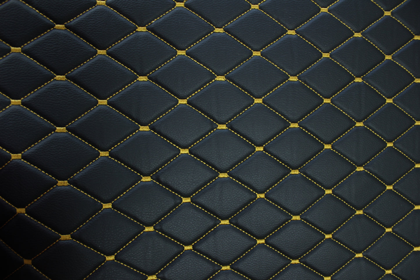 Gold Quilted Black Vinyl Grain Faux Leather Car Upholstery Fabric | 2"x3" - 5x8cm Diamond Stitch with Foam | 140cm & 55.1" Wide | Artificial Leather