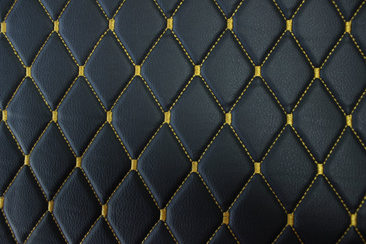 Gold Quilted Black Vinyl Grain Faux Leather Car Upholstery Fabric | 2"x3" - 5x8cm Diamond Stitch with Foam | 140cm & 55.1" Wide | Artificial Leather